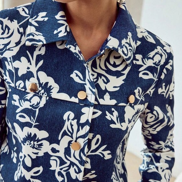 Multicolor Women's Allover Floral Print Button Up Jacket - Picture 3 of 7